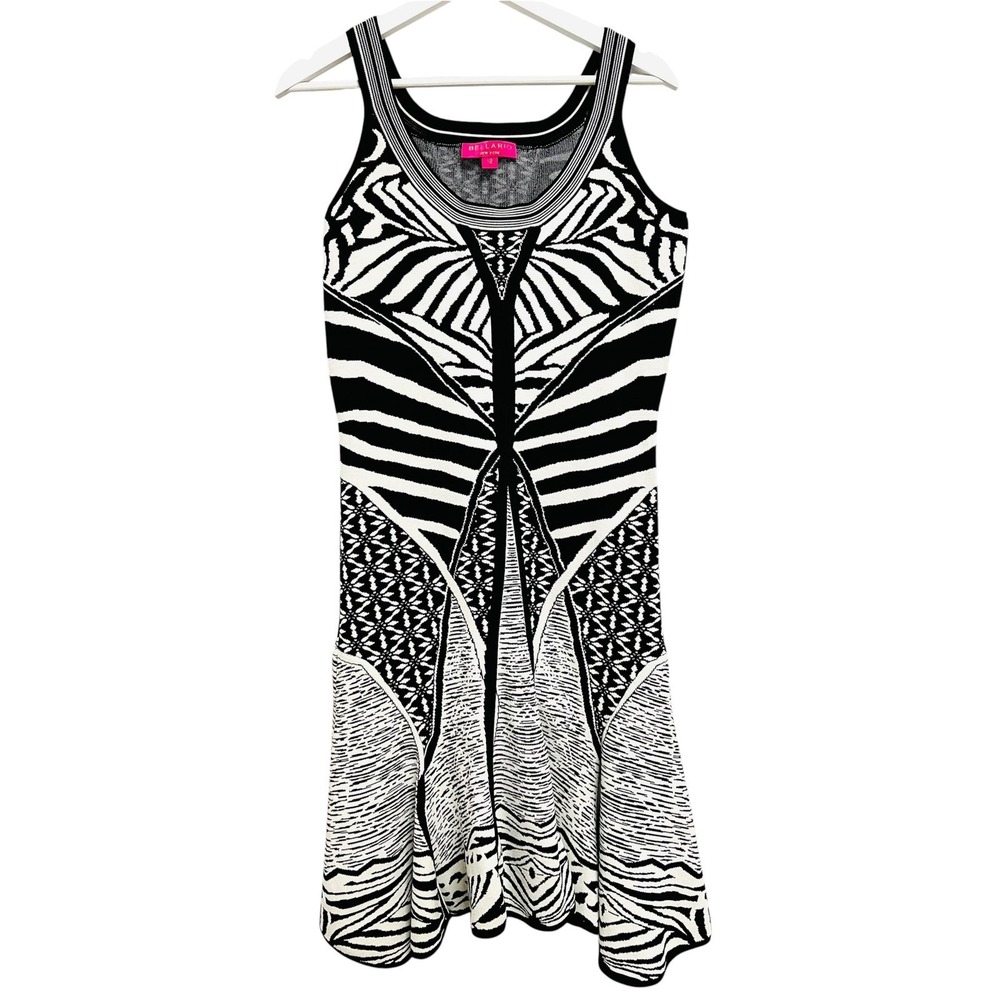 Bellario New York Knit Dress Womens 12 Black White Zebra Geometric Fit and Flare